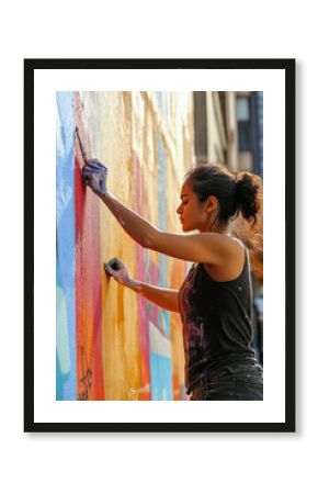 Woman painting a mural on a city wall, showcasing art and cultural expression