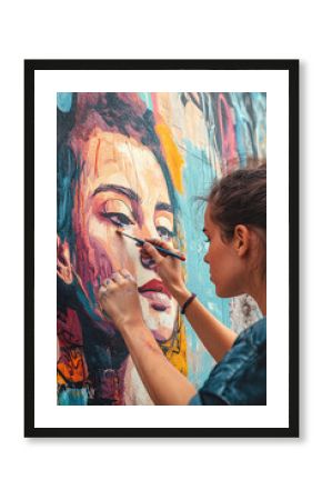 Woman painting a mural on a city wall, showcasing art and cultural expression