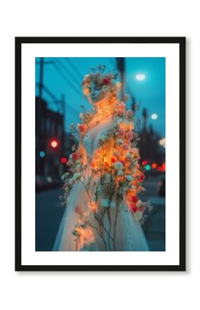 A mannequin adorned with flowers and lights stands on a street at dusk, creating a striking minimalistic display