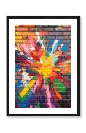 Vibrant abstract paint explosion on brick wall