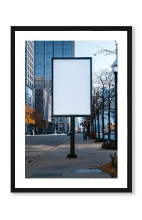 Poster on a Busy Street Corner A blank white poster with a sleek black metal frame mounted on a street corner.