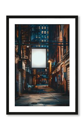 Urban Alleyway Poster Display A blank white poster in a black metal frame mounted on a wall in a quiet urban alleyway.