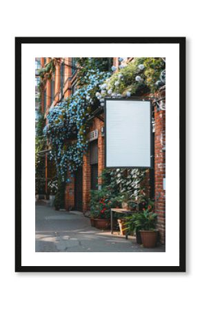 Urban Alleyway Poster Display A blank white poster in a black metal frame mounted on a wall in a quiet urban alleyway.