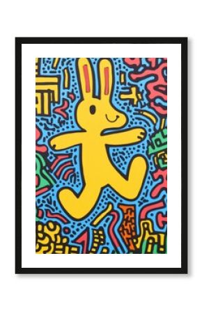 Colorful Jumping Rabbit Mural in Pop Art Style