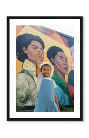 Young Girl Emulating Mural of Inspirational Women in Sunlight