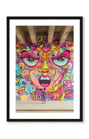 Vibrant street-art portrait of a young boy dreaming under a graffiti-covered bridge, colors forming imagined creatures around him, powerful storytelling,