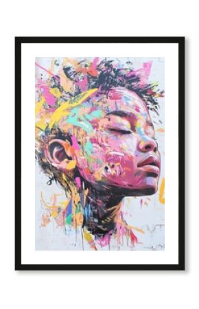 Vibrant street-art portrait of a young boy dreaming under a graffiti-covered bridge, colors forming imagined creatures around him, powerful storytelling,