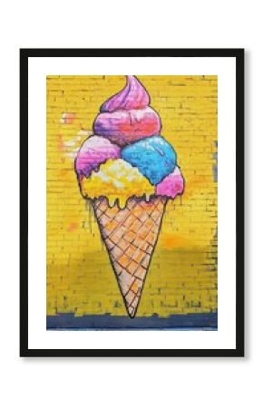 Vibrant street art mural of a melting, colorful ice cream cone painted on a bright yellow brick wall, capturing the playful essence of urban art and summer sweetness
