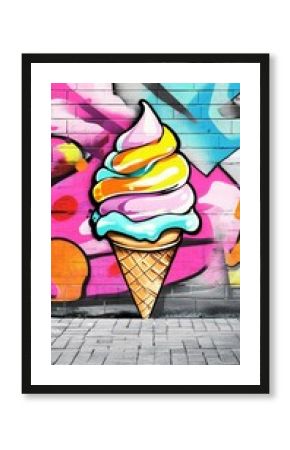 Vibrant street art mural featuring a colorful swirled ice cream cone with pastel and neon hues against a graffiti-painted brick wall backdrop, capturing urban artistic expression