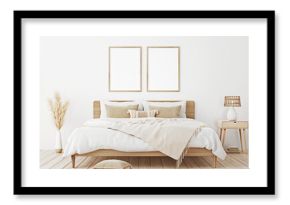 Vertical frame mockup in boho bedroom interior with wooden bed, beige fringed blanket, cushion with tassels, dried pampas grass and wicker lamp on white wall background. 3d rendering, 3d illustration