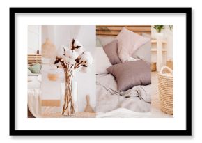 collage of 6 photos in one style: elements of home decor in boho style: wicker chandelier, pastel bed, wicker baskets, bouquet of cotton, green plants. natural calm colors well-being apartment decor
