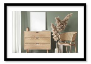 Mockup interior in boho style with white frame on the wooden …