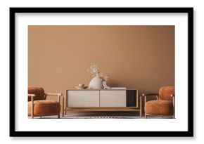 Cozy home interior with wooden furniture on brown background, empty wall mockup in boho decoration, 3d render
