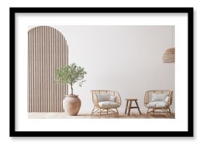 Boho cozy living room design, bright wall mockup, 3d render