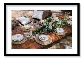 Decorated table for wedding dinner.