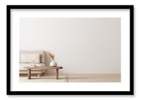 Living room interior mockup in wabi-sabi style with low sofa, jute rug and dried grass decoration on empty warm neutral wall background. 3d rendering, illustration.
