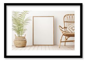 Standing vertical wooden frame mockup in warm neutral beige room interior with wicker armchair, boho pillow and palm plant in woven basket with tassels. Illustration, 3d rendering