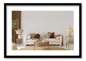 Home interior mock-up with cozy sofa on white wall background,  3d render