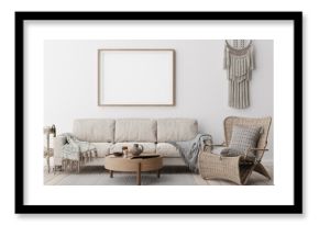Empty horizontal picture frame on white wall in modern living room. Mock up interior in boho style. Free, copy space for your picture, poster. Rattan armchair, macrame, wooden floor. 3D rendering.