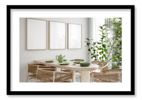 Mock up frame in cozy boho dining room interior background, 3d render