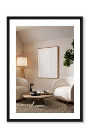 Poster frame mock-up in home interior background, living room in beige colors,3d render