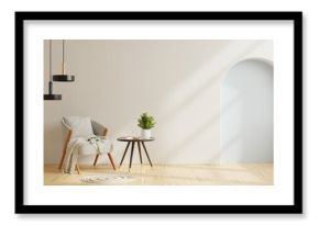 Modern minimalist interior with an armchair on empty plaster wall background.
