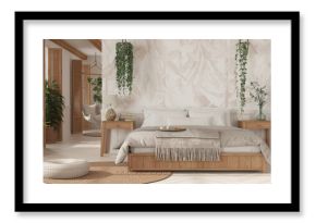 Farmhouse wooden bedroom in boho style in white and beige tones. Double bed, hanging chair and potted plants. Window with shutters and wallpaper. Country vintage interior design