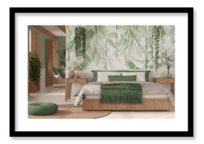 Farmhouse wooden bedroom in boho style in white and green tones. Double bed, hanging chair and potted plants. Window with shutters and wallpaper. Country vintage interior design