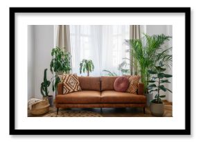 Brown sofa, potted green plants and wicker basket in room