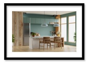 Luxury kitchen room corner design with dark green wall.