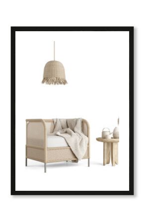 Boho style armchair with ceiling lamp and table