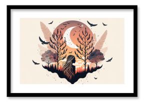 Mystical boho banner with woman in nature silhouette. Minimalist flat design illustration in light pink colors. Perfect for banner, t-shirt printing, mugs and stickers. Generative AI Illustration