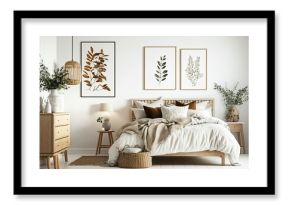 Scandi-Boho bedroom interior with white walls and natural wood furniture, mock-up frame background. Generative AI