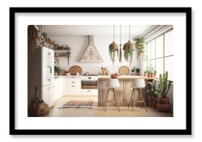 Contemporary empty home interior kitchen boho style, concept of Minimalism and Bohemian Chic, created with Generative AI technology