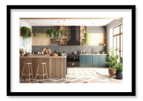 Contemporary empty home interior kitchen boho style, concept of Bohemian and Minimalistic, created with Generative AI technology