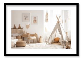 White kid room wall. Scandi boho interior mockup. Picture poster space. Console, rattan chair, toys, macrame. Baby friendly room. Generative AI