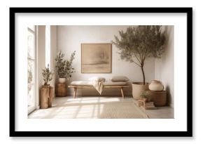 Scandi boho living room. Mockup beige empty wall with seat and olive tree. illustration. Generative AI