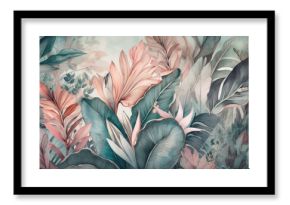 Soft colored tropical leaf wallpaper, banana plants, mural art, interior decor. Generative AI