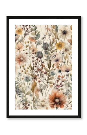 Seamless boho floral watercolor background, watercolor pattern, AI generative background pattern in natural tones