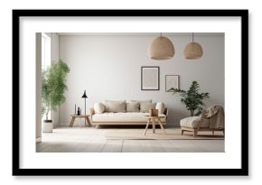 Modern living room with vacant white wall and beige couch,. Generative AI