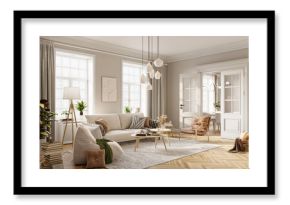 Bright living room interior design with windows and beige walls is furnished with modern sofa, armchares, floor lamp, coffee table and other decorative elements, 3d rendering  