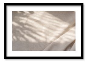 Beige linen fabric texture with folds and natural floral sunlight shadows, aesthetic summer wedding bohemian background