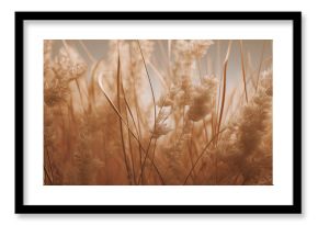Landscape with dry reeds, beige cane, pampas grass. Macro Shoot. Nature, herbal background. Boho design. Generative ai