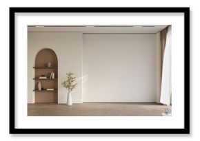 Cozy home interior in light pastel colors with hardwood flooring and arch wall, 3d rendering