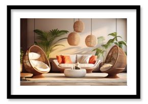 Cozy modern living room interior. Boho style hanging wicker egg chairs, wicker hanging lamps, vintage sofa, plants in floor pots, coffee table add a bohemian chic to the bright room. 3D rendering.