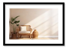 Empty beige wall mockup in boho room interior with wicker armchair and vase. Natural daylight from a window. Promotion background.