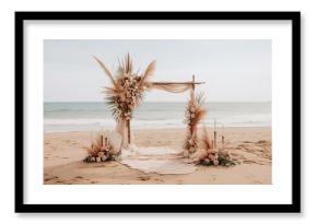 lavish boho wedding arch decoration for a wedding ceremony celebration: many pink flowers peonies and roses, satin and silk curtains
