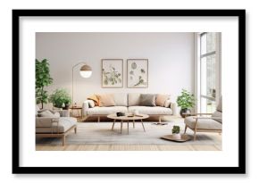 Modern Scandinavian home interior design characterized by an elegant living room featuring a comfortable sofa, mid century furniture, cozy carpet, wooden floor, white walls, and home plants.