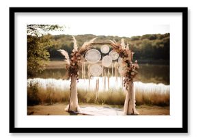 Decorated wedding arch in boho style with dream catchers in early autumn near the lake or river. Generative AI