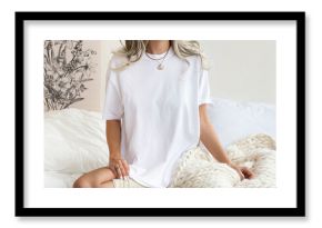 Young girl wearing blank oversized white t shirt mock up 1717 , for home boho designs. White tshirt for your design